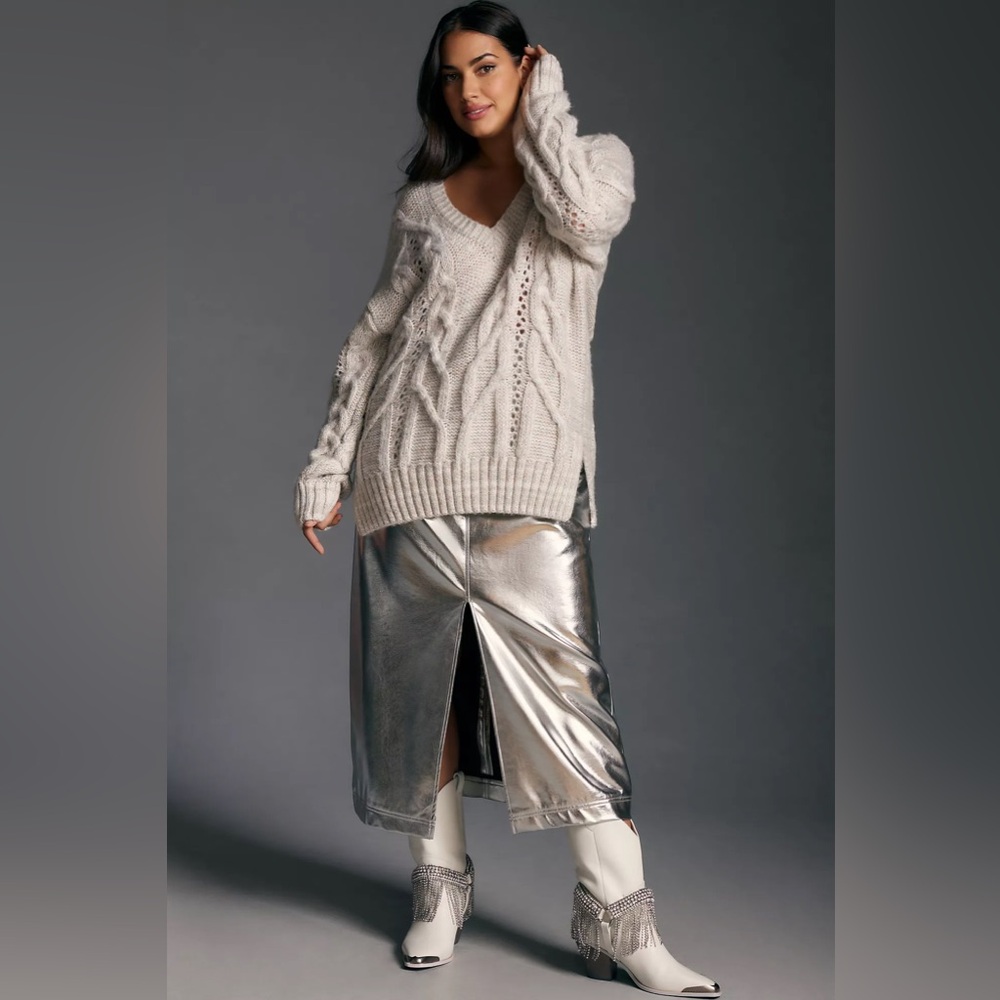 V-Neck Drama Metallic Knit Cable Tunic Sweater
